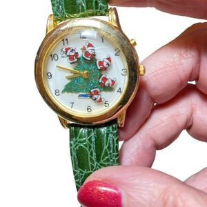 Christmas Tree Rotating Santas Watch Gold Tone Green Leather Hong Kong VTG…